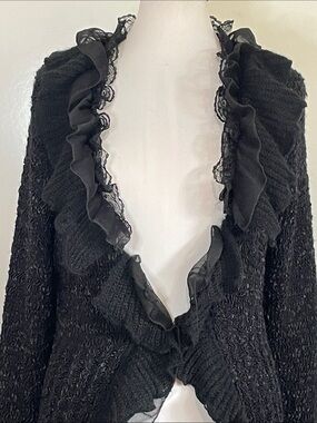 Pretty Angel Dramatic Romantic Black Knit Maxi Lacey Ruffles Cardigan Sweater L